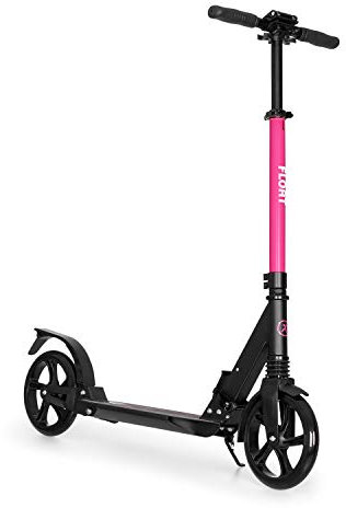 Klarfit Float Kickscooter - Patinete Urbano, Puedas de PU XXL (200 mm), Rodamiento de 7 Bolas ABEC, Manillar AS, Resiste hasta 100 kg, Doble amortiguación, Freno de pie, Cinta Bandolera, Rosa