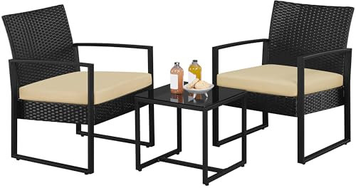 Yaheetech Balkonmöbel Set, Gartenmöbel-Set aus PE-Polyrattan Wetterfest inkl. 2 Stühle mit Sitzkissen & Tisch, 3Teilig Terrassenmöbel Sitzgruppe Lounge Set für Balkon/Terrasse/Garten, Schwarz-Khaki