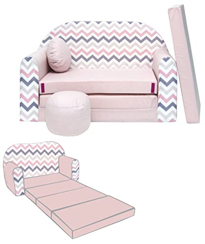 NINO Canapé-lit enfant avec pouf et coussin OEKO-TEX Rose avec zigzag | Deux places, couchage 160 cm, structure 100 % mousse et housses lavables à 30 °C. Léger et modulable jusqu'à 6 ans.