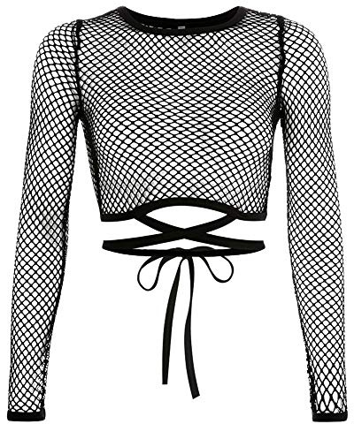 XGOPTS Women Fishnet Tops - Sexy Slim Fit Long Sleeve Mesh Sheer Shirt - See Through Transparent Blouse T-Shirt - Crop Casual Clubwear Black