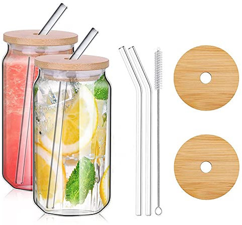 Hniuyun 480ml Can Shaped Glass Cups Set, Drinking Glasses with Bamboo Lids and Glass Straw, Beer Glasses, Iced Coffee Glasses, Clear Cute Tumbler Cup, Ideal for Cocktail, Coke, Soda(2pcs)