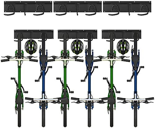 Sinoer Fahrradwandträger,Wandhalterung für 6 Fahrräder + 3 Helme, Werkzeugaufbewahrungshaken einstellbar für Garage oder Zuhause, vertikaler Fahrradhänger(Innenbreite: 90 mm) - 3 Schienen