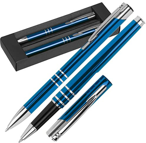 Juego de escritura de bolígrafo de metal con mina de gran espacio y rollerball 2 instrumentos de escritura en caja de cartón en azul, negro, plata o rojo (azul)