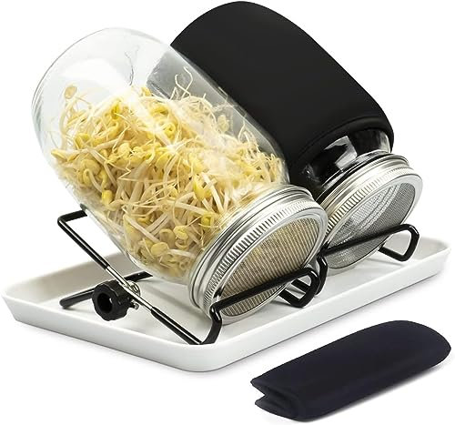 Sprouting Jar Kit-2 Pcs mouth Mason jars with sprouting lids with mesh screens,sprouting jar stands and a tray, Brush-Seed Sprouting Kit For Growing Mung beans,Broccoli And So On (2 Blackout Sleeves)