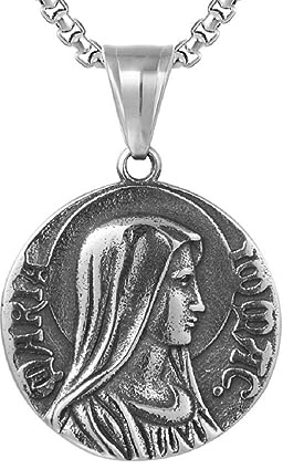 PikaLF Collana Vergine Maria per uomo, Collana Hip Hop di Cristo Maria, Collana con ciondolo testa di Gesù religione cristiana con catena da 23,6 pollici, Ciondolo Maria cattolica punk rock