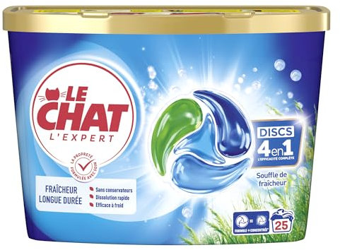 LE CHAT -L'Expert -Disc 4en1 -Fraîcheur Longue Durée -Sans Conservateurs -Dissolution Rapide -Ingrédients Sélectionnés avec Soin -Efficace à Froid -Respect des Fibres - Efficacité Le Chat -25 Capsules