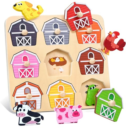 JoyCat Puzzles de Madera para Niños de 1 a 3 Años, Juguetes Montessori 1 a 2 Años, Regalo Cumpleaños para Niño Niña, Puzzles de Madera de Animales de Granja, Juguetes Educativos para Niños