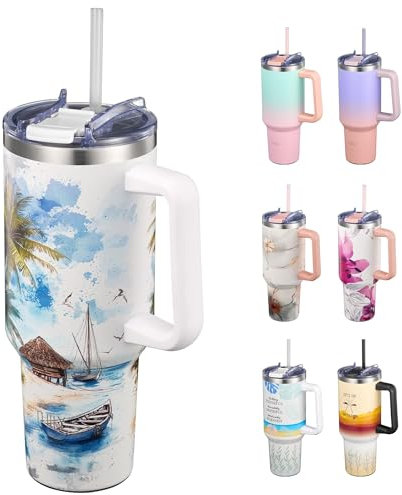 THILY Edelstahl-Isolierbecher 1180ml mit Griff – Vakuumisolierter Reisebecher, Dichtschließender Deckel, 34h Kalt & 12h Warm, Spülmaschinenfest, Inkl. 2 Strohhalmen + Bürste, Küstenbrise