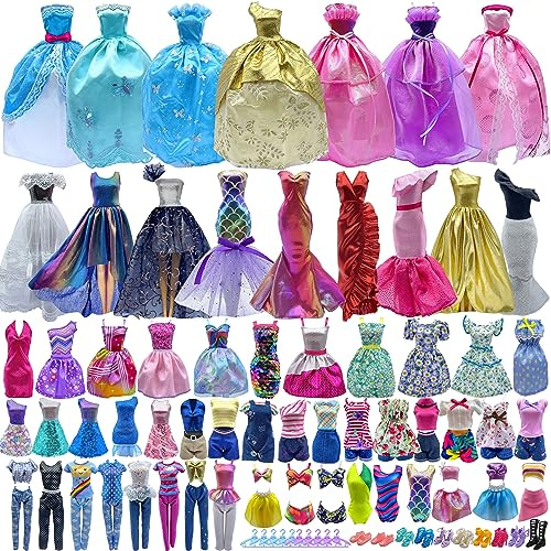 Ensemble cadeau de 60 vêtements de poupée pour poupée et Barbie de 29,2 cm : 4 robes de mariée, 2 robes de soirée, 8 robes tendance, 6 tenues décontractées, 10 paires de chaussures, 10 accessoires de