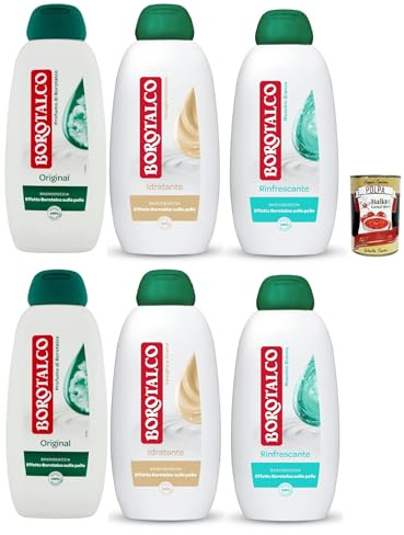 Borotalco Testpaket Duschbad, Duschgel mit Borotalkum-Duft, Formel mit feuchtigkeitsspendenden Mitteln, Borotalkum-Effekt auf der Haut, dermatologisch getestet, 6x 450 ml + Italian Gourmet polpa 400g