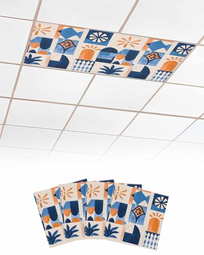 TvonTa Tey Fluorescent Light Covers for Drop Ceiling Abstract Ethnic Patchwork Sun Arch Magnetic Light Filters, Vintage Geometric Ceiling Shade Filters for Home Classroom Office,2x4 ft,4Packs