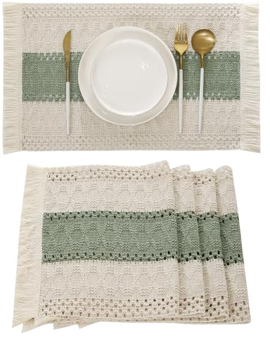 Tosleo Green Placemats Set of 4 Macrame Table Decor with Fringe Boho Farmhouse Woven Table Placemats in Natural Burlap for Kitchen and Dining Table Centerpiece Spring Home Decorations