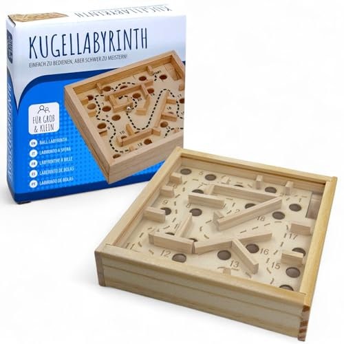 MIJOMA Kugellabyrinth aus Holz – Geschicklichkeitsspiel für Kinder & Erwachsene, Mini-Labyrinth 12x12cm, Motorikspiel für Konzentration & Koordination, Geduldspiel in Geschenkbox