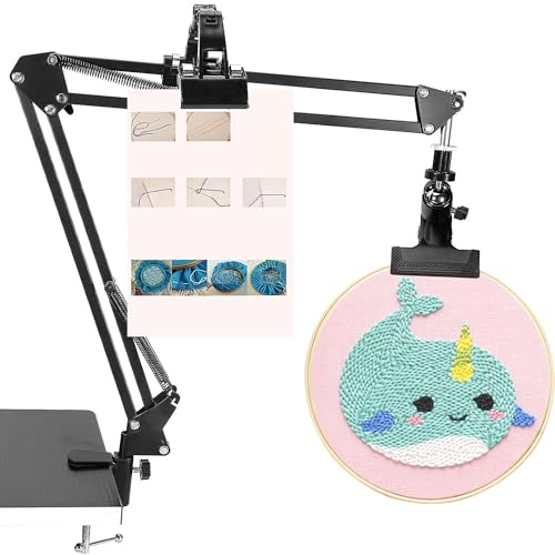 WDEC Support de Cerceau de Broderie à la Main Réglable en Métal, Avec porte - instructions, Support de table de broderie noir Trou, Support de Cerceau de Broderie Pliant, Convient pour les Broderie