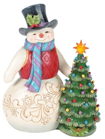 Enesco Jim Shore Heartwood Creek Snowman with Vintage Christmas Tree Lit Figurine, 8.5 Inch, Multicolor