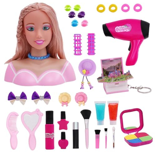 Hperu 33 pièces poupée à tête coiffante pour Enfants, avec Accessoires de sèche-Cheveux, Ensemble de Jeu Simulation Maquillage Luxe, Jouet Coiffure poupée à tête coiffante pour Filles, Jeu
