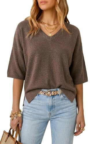 Arach&Cloz Women's Jumpers Wool Blend Oversized Ladies Tops Summer Midi-Sleeve V-Neck Work Casual Shirt Sweaters