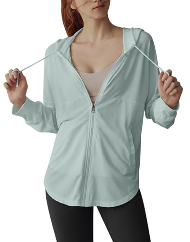 Women's Full Zip UPF 50+ Sun Protection Hooded Jacket Cozy Lightweight Long Sleeve Sun Shirt for Hiking Outdoor Green