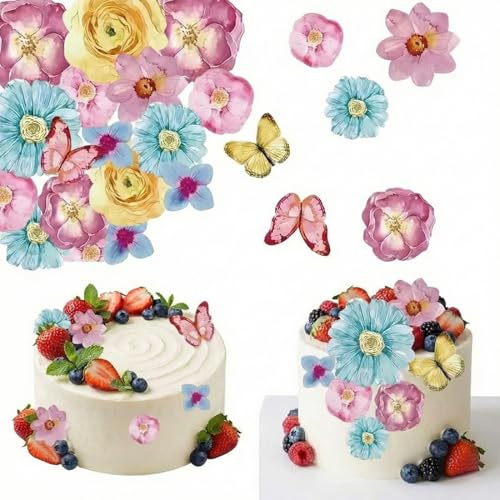 CATZUM Confezione da 52 fiori decorativi non commestibili, decorazioni per cupcake, decorazioni per torte a forma di farfalla floreale 3D, adatte per battesimi, matrimoni, ecc.