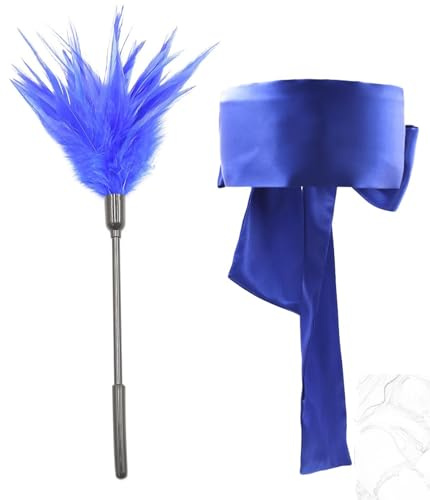 CYGzeon Ensemble De Jouets Sexuels 2 Pièces, Chatouilleur Plumes Sexy Avec Ruban Bleu, Masque For Les Yeux Bandé, Plume Flirt Amoureuse Bâton Noires, Jouet Sexuel Érotique SM