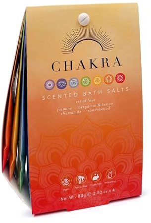 Puckator Juego de 4 sacos de sales de baño chakra en caja de regalo – Relajante baño de chakra con jazmín, bergamota y limón, manzanilla, sándalo