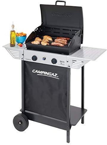 Campingaz Xpert 100 L Barbacoa gas, parrilla gas con dos quemadores compactos, 7.1 kW de potencia, parrilla de rejilla, 2 mesitas auxiliares y carro en acero