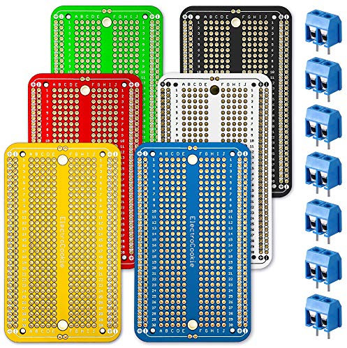 ElectroCookie Prototype Board Breadboard Style PCB Solder Board for Arduino and DIY Electronic Projects, Gold-Plated (6 Pack + 7 Screw Terminal Block Connectors, Multicolour)