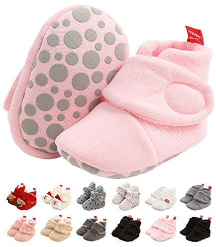EDOTON Newborn Baby Boys Girls Soft Fleece Booties Stay On Infant Slippers Socks Shoes Non Slip Gripper Toddler First Walkers Winter Ankle Crib Shoes 0-18 Months