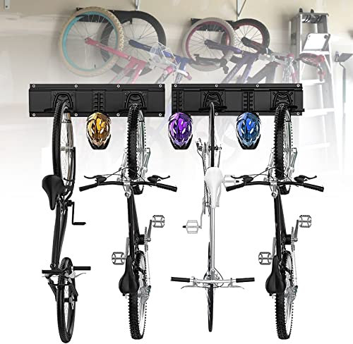 Fahrradhalter Wandhalterung für 4 Fahrräder und 3 Helmhaken, Fahrrad Wandhalterung für Garage oder Wohnung Vertikale Wand Fahrradaufhängung Sichere Haken Laden Sie bis zu 507 lbs, platzsparend