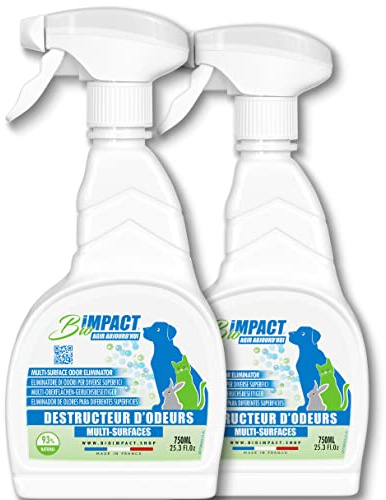 Lot de 2 Sprays Anti-Urine Chat Bioimpact – 2x750ml – Désodorisant Enzymatique – Menthe Eucalyptus – Neutralise les Odeurs Rapidement – Multi-Surfaces – Sûr pour Animaux