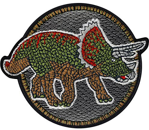 Toppa ricamata ferro o cucitura Patch Dinosauri per bambini da cucire/stirare | Applicazione con immagine di Triceratops per tutti i tessuti | Fai da te per abbigliamento dei bambini | 100x75mm