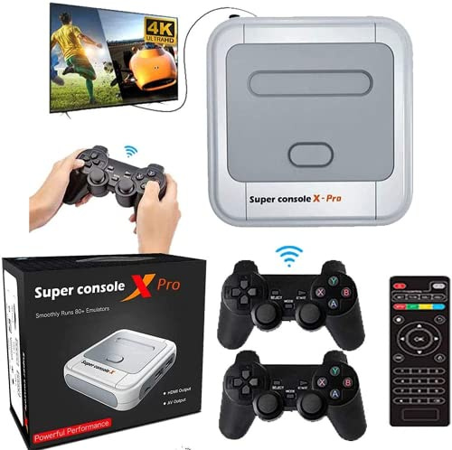 KINMRIS Super Console X Pro Spielekonsole integriert in über 50.000 Spiele, 2 Gamepads, Spielekonsolen für 4K TV, unterstützt HD-Ausgang, kompatibel mit 5 Spielern (XPRO-256G)