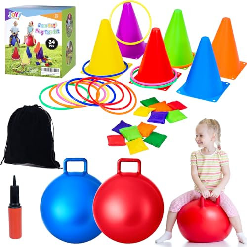 35PCS 4 in 1 Carnival Outdoor Games Combo Set for Kids, Soft Plastic Cones Bean Bags Ring Toss Game, Activity Agility Set with 2 PCS 18 Hopper Balls, Birthday Party Yard Lawn Games