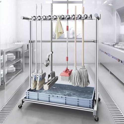colgador escobas y fregonas Comercial Movible Soporte Para Fregona Y Escoba De Alta Resistencia, Acero Inoxidable Grande Estante Organizador De Artículos De Limpieza, Para Hospitales Inmuebles Empresa