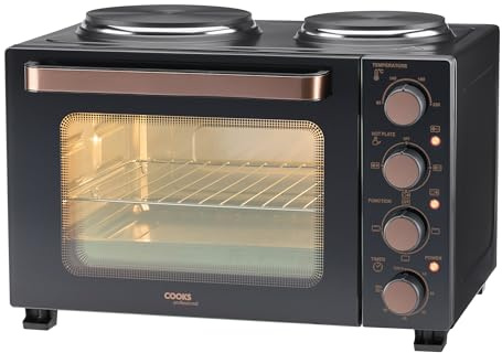 Cooks Professional Mini Portable Oven with Hobs | Energy Efficient Electric Countertop Cooker with Two Hot Plate Hobs & Wire Rack Baking Tray | Kitchen Grill Ovens | 28L Capacity | Black & Copper