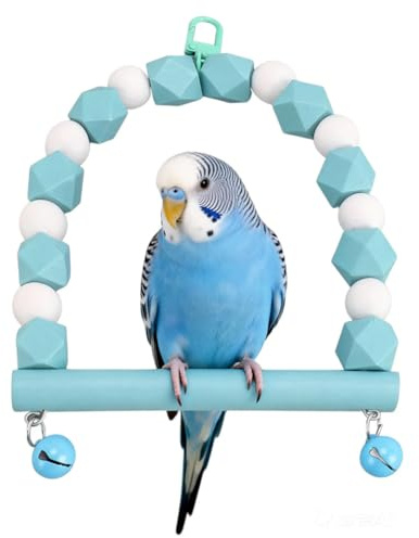Bird Swing, Wooden Hanging Bird Swing Perch Toy for Parrots, Parakeets, Cockatiels - Cage Mounted Play Gym Stand with Bell for Small Birds