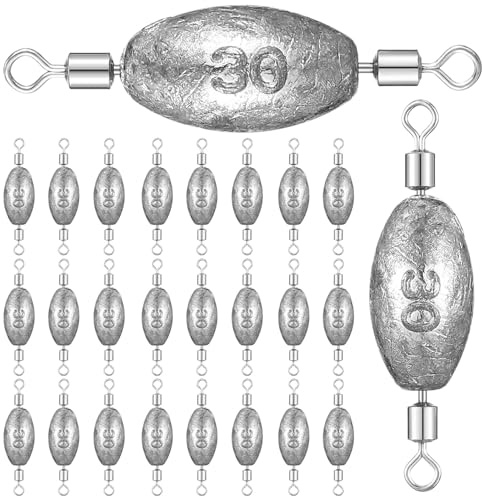 MorningRo 24 Pcs 24/40 Pcs Fishing Trolling Weights Sinker Lead Fishing Inline Weights Egg Sinkers with Inner Swivels Saltwater Freshwater Gear Catfish Bass 1/4oz, 1/2oz 3/4oz,1oz, Mixed Size (1oz)