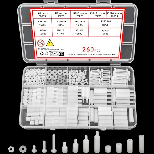 Ewwtrey 260 Pz M3 Distanziatori Esagonali in Nylon Bianco, Hex Distanziatore Maschio Femmina in Nylon, Viti a Testa Croce Bulloni e Dadi Set, Vite e Dado e Rondelle Assortimento Kit per Scheda Madre