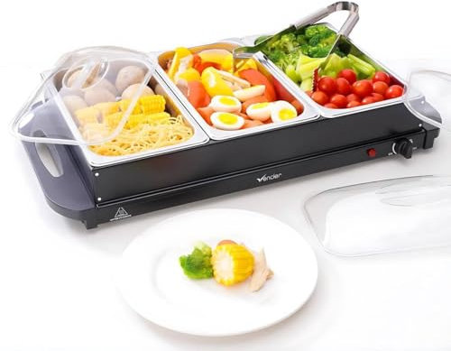 Vencier 3-Pan Buffet Server, 3 x 2.5L Capacity Pans, 300W Food Warmer with Adjustable Temperature, Portable Hot Plate & Chafing Dish, Bain Marie Steam Table for Catering & Entertaining (Black)
