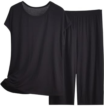 Pigiama Cotone Donna Lungo Pigiama Capri da Donna, Top Estivo a Maniche Corte con Pantaloni Capri, Morbido 2 Pigiami Pigiama Donna Vestito da Casa Donna Estivo Cotone (Black, XXL)