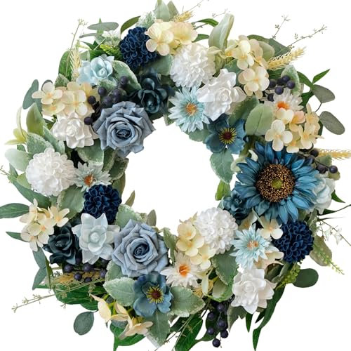 CIR OASES 22-inch Spring Blue Rose wreath Artificial Green leaf rose Sunflower Hydrangea Wreath Front door hallway window decoration Festive party wedding decoration