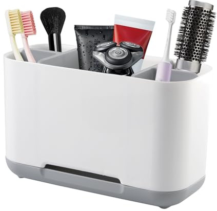 ​FHISKUNYU Soporte Cepillo de Dientes Eléctrico & Vaso Cepillo de Dientes Baño con 5 Compartimentos Ajustables, Base Antideslizante y Sistema de Drenaje – Blanco, 19x9x12 cm​