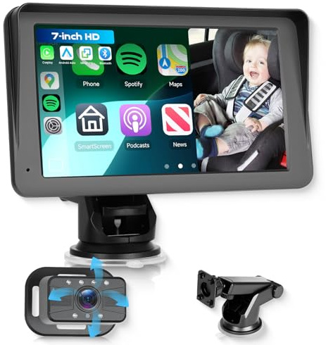 Hodozzy Baby Car Camera with Wireless CarPlay Android Auto, 7 Inch Touch Screen Car Baby Mirror with Bluetooth Night Vision Super Link, 360° Rotatable Rear Facing Car Seat Monitor FM/AUX/Type-C/SD