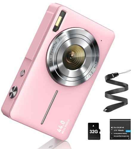 Cámara de Fotos Digital 44MP 1080P con Tarjeta de 32 G, Zoom Digital de 16 x, cámara Digital portátil y Sencilla para niños, Estudiantes, Adolescentes, Principiantes, Ancianos (Rosa)