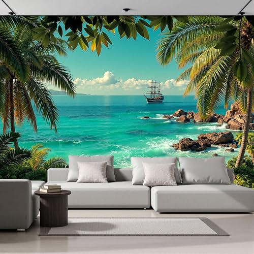 ANALTIRCE Papel Tapiz Fotográfico 3D Naturalmente Las Palmeras 200An×150Al cm Papel Pintado Panorámico, Tropical Costero Paisaje Fotomurales Decoración Pared Moderna para Cuarto de Niño, Salón, Verde