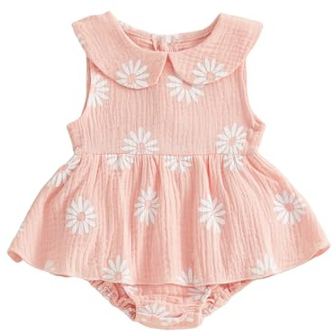 XIXIMAON Newborn Baby Girl Romper Dress Doll Collar Sleeveless Daisy Flower Print Jumpsuit Infant Girl One Piece Clothes (Pink, 0-3 Months)