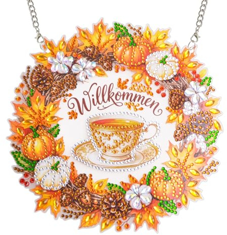PASHOP 5D Diamond Painting Herbst Kaffee Anhänger, DIY Bastelset für Erwachsene Kinder, Diamant Painting Bilder Fensterdeko, Ostern Geschenke Deko 20x20CM