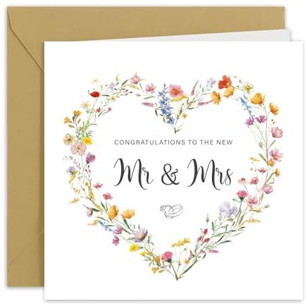 Wedding Card for Bride and Groom Flower Heart Congratulations to the New Mr and Mrs with Gold Lustre Envelope