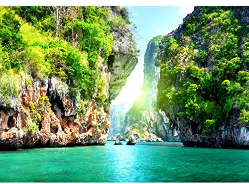 Runa Art Fototapete Strand Meer Berge 352 x 250 cm Vlies Tapeten XXL Moderne Wandtapete Wohnzimmer Schlafzimmer Grün Blau 9011011b