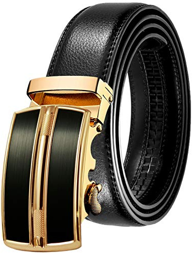JINIU Men's Ratchet Belt with Gold Buckle, Black Genuine Leather Slide Belt for Men Dress Suit, Micro Adjustable Trim to Fits 33–47 Waist (Boxed) KT4
